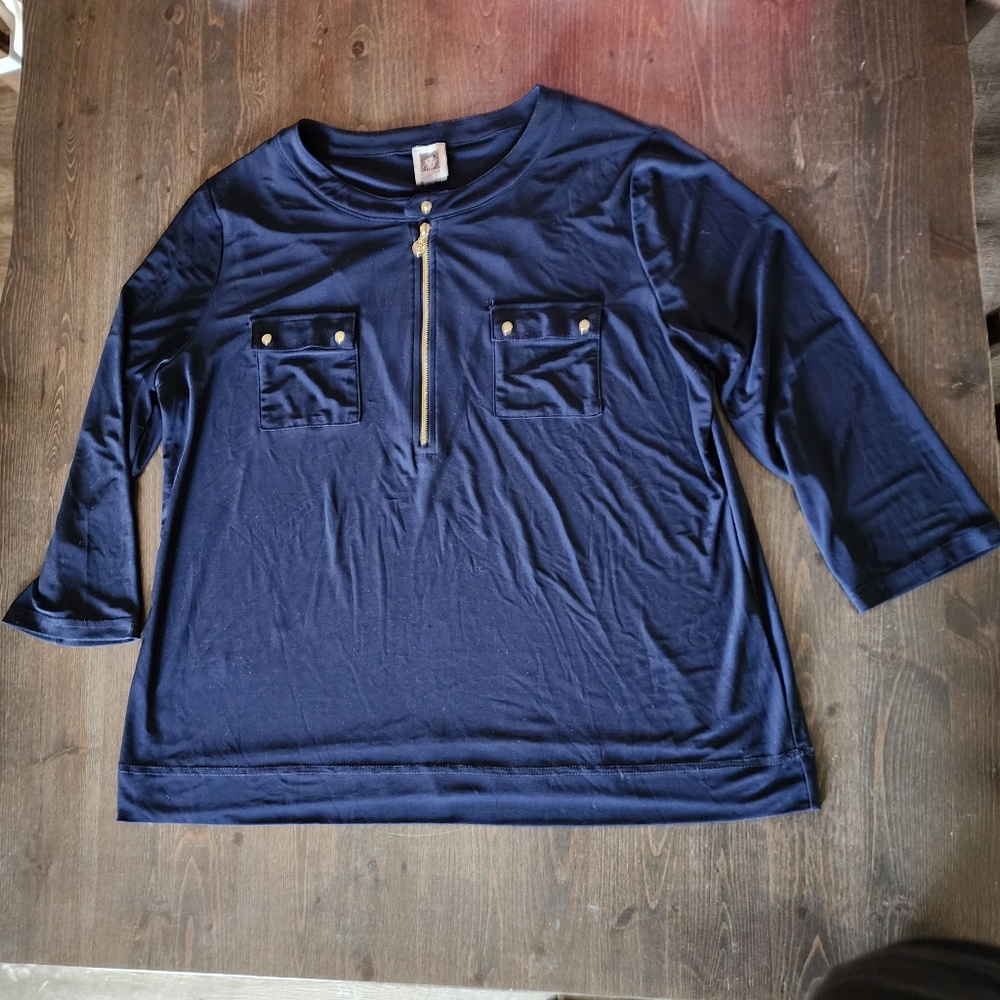 Anne Klein Womens Navy Long Sleeve Top with Zipper, Size XL
